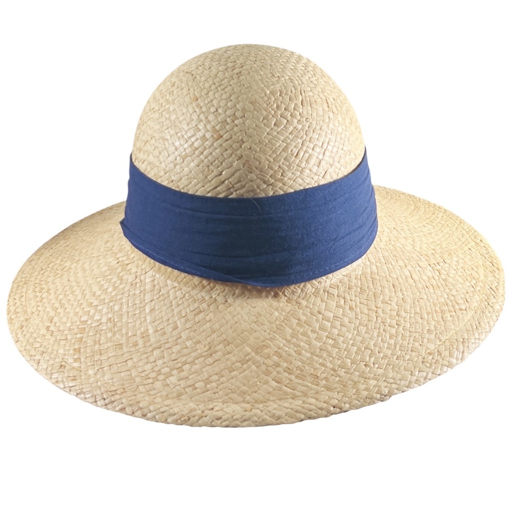 Elegant Woven Straw Sun Hat with Navy Blue Band EUC Beach Resort Cruise Vacation